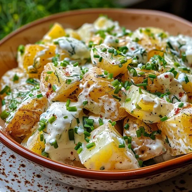 Side perspective of a delicious potato salad, highlighting its creamy texture and fresh ingredients.