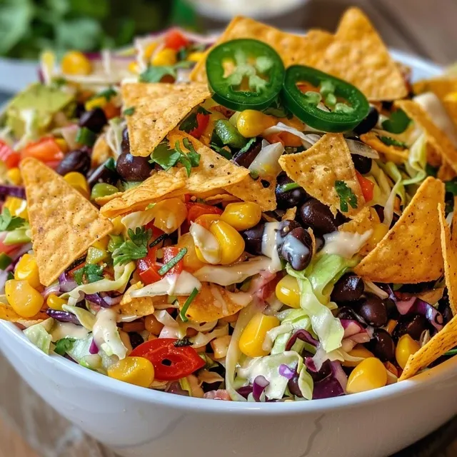 Detailed close-up of Frito Cowboy Cabbage, highlighting black beans and jalapeños.