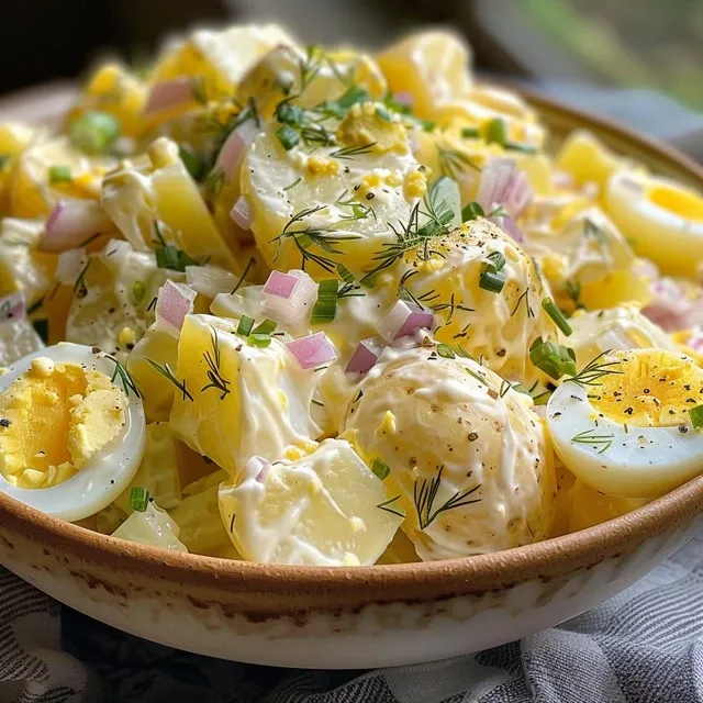 Vibrant Dill Potato Salad in a bowl, highlighting its creamy texture and fresh ingredients.