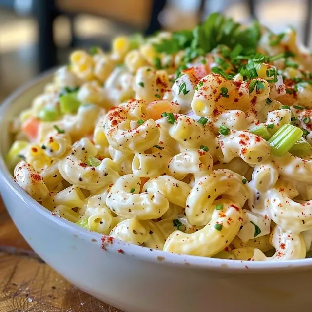 Deliciously creamy macaroni salad in a bowl, highlighting its vibrant ingredients and consistency.