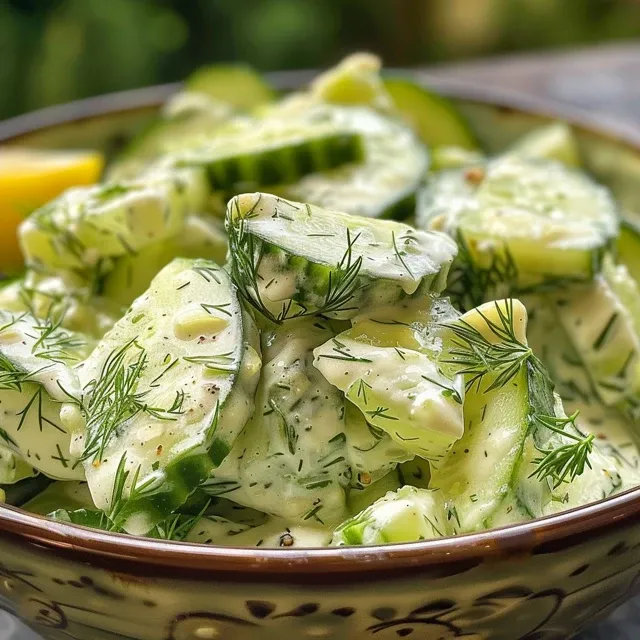Fresh cucumber yogurt salad with a smooth texture and herbs in a serving dish.