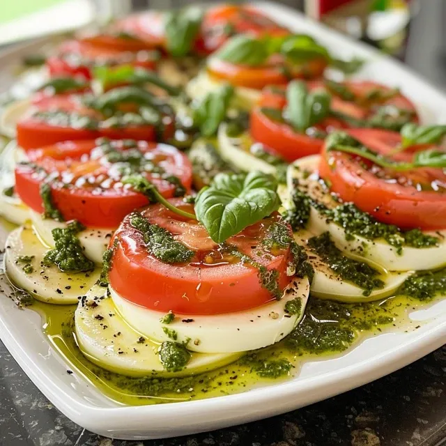 An iPhone photo showcasing a Caprese salad with pesto, highlighting its fresh ingredients and textures.