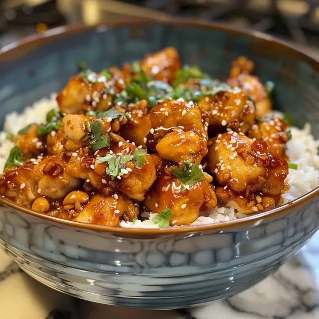Tender chicken bites with a glossy honey garlic glaze.