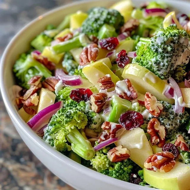Juicy broccoli salad in a bowl, showcasing its fresh ingredients.