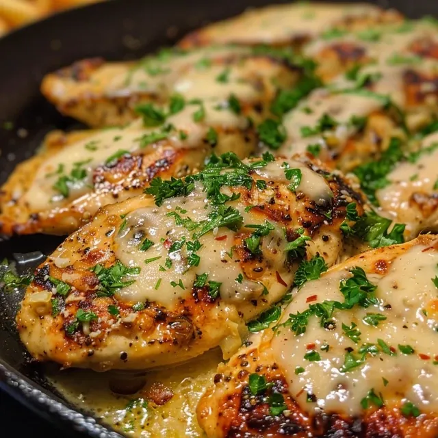 Delicious piece of chicken in a spicy, creamy sauce served with golden fries on the side.