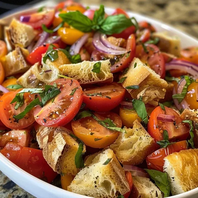 Appetizing Panzanella Salad in a bowl, highlighting the textures of bread and fresh ingredients.