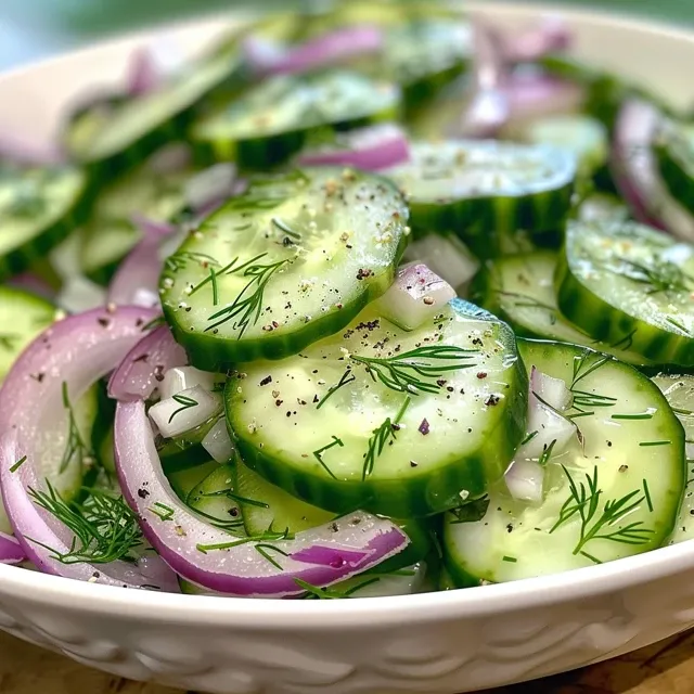 Detailed photo of creamy dill cucumber onion salad, highlighting the fresh cucumbers and vibrant red onion slices.
