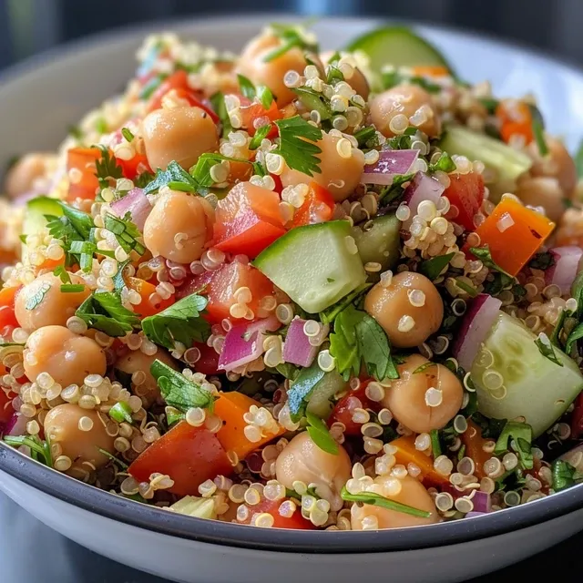 A fresh and healthy quinoa salad with colorful ingredients, served in a bowl.