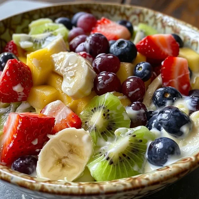 A side view of a refreshing fruit cream salad with a variety of fruits and nuts, elegantly presented.