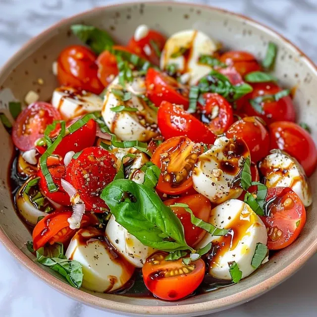A detailed view of a fresh Caprese salad made with ripe tomatoes, mozzarella, basil, and olive oil.