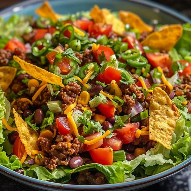 Juicy Taco Salad showcasing diced avocado and shredded cheese.