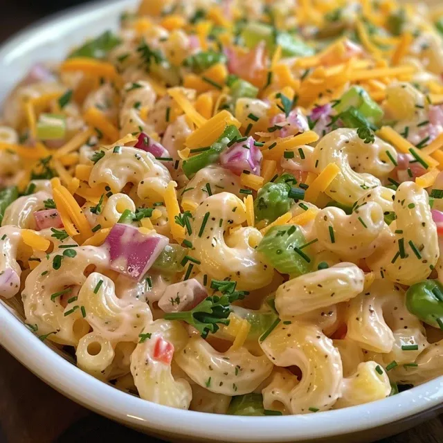 Juicy macaroni salad with elbow pasta, cheese, and diced vegetables arranged in a bowl.