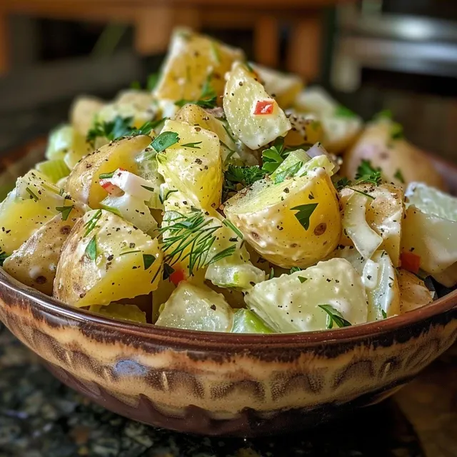 Colorful Vegan Potato Salad in a bowl, showcasing ingredients like celery and shallot.