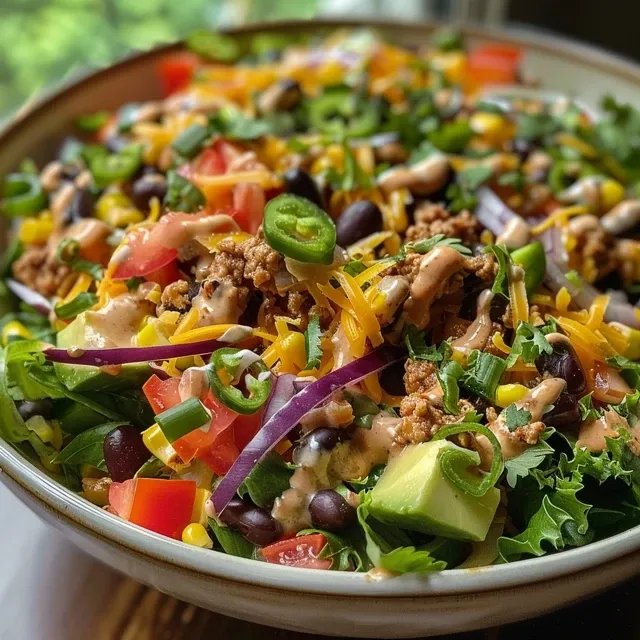 Close-up image of creamy taco salad dressing in a small bowl, revealing its enticing appearance.