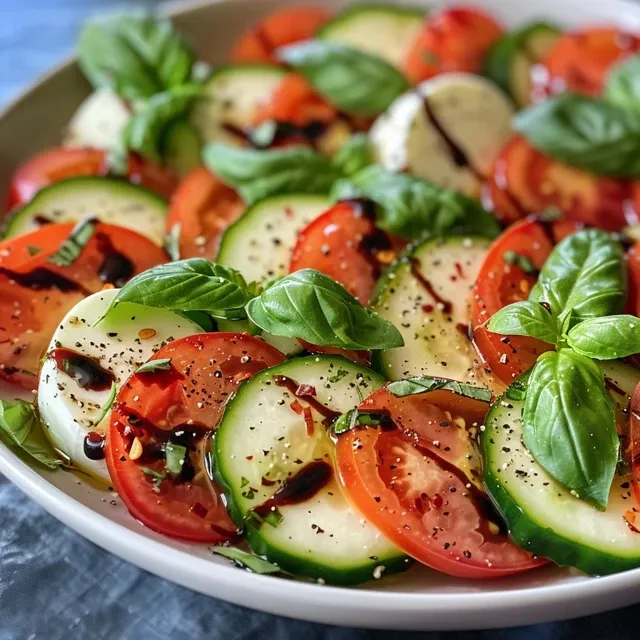 Delicious Cucumber Caprese Salad with green cucumbers, white mozzarella, and fresh basil leaves.