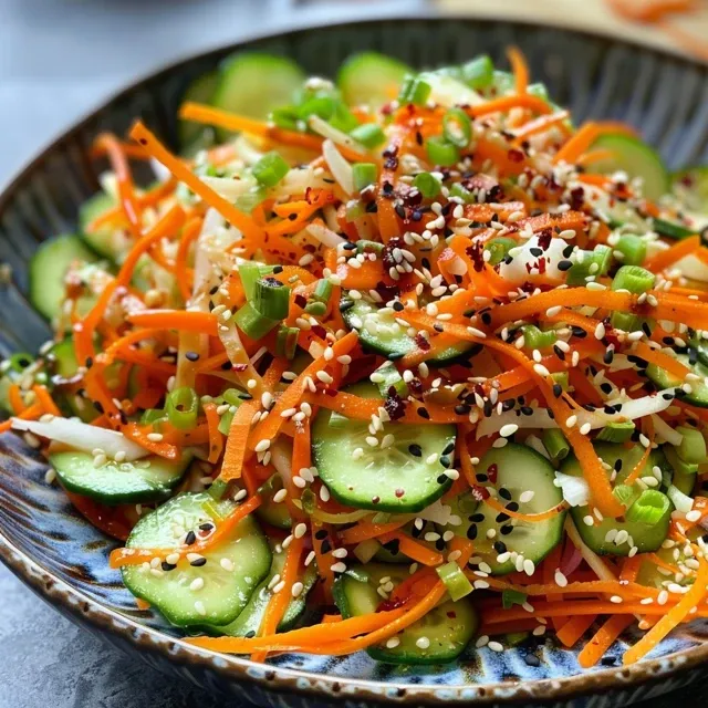 Colorful bowl of Crunchy Asian Cucumber Carrot Salad showcasing vibrant vegetables.