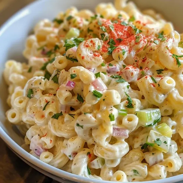 Side view of a delicious macaroni salad topped with fresh herbs and diced vegetables.