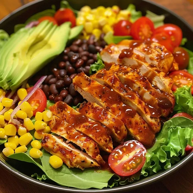 Colorful BBQ chicken salad with black beans, corn, and a drizzle of avocado dressing.