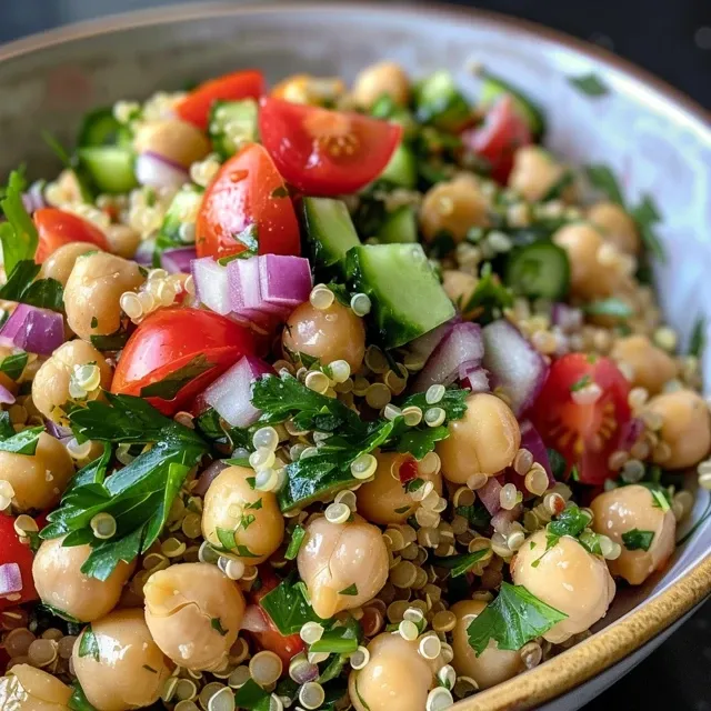 An appetizing dish of chickpea quinoa salad loaded with fresh ingredients, served in a bright bowl.