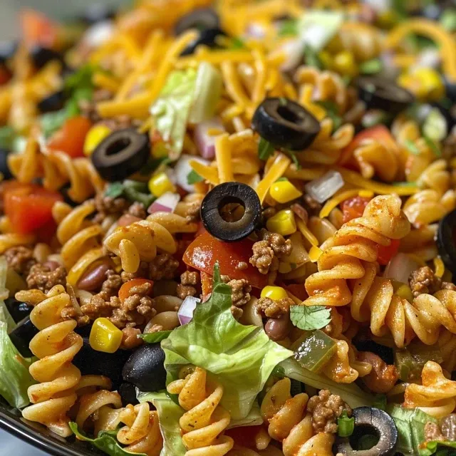 A delicious mix of Taco Pasta Salad showcasing pasta, meat, and toppings.
