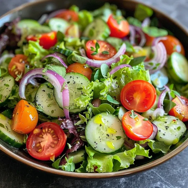 Close-up shot of a healthy garden salad with fresh vegetables and a light vinaigrette dressing.