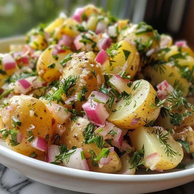 Detailed image of a hearty potato salad showcasing yellow potatoes, red onions, and dill.