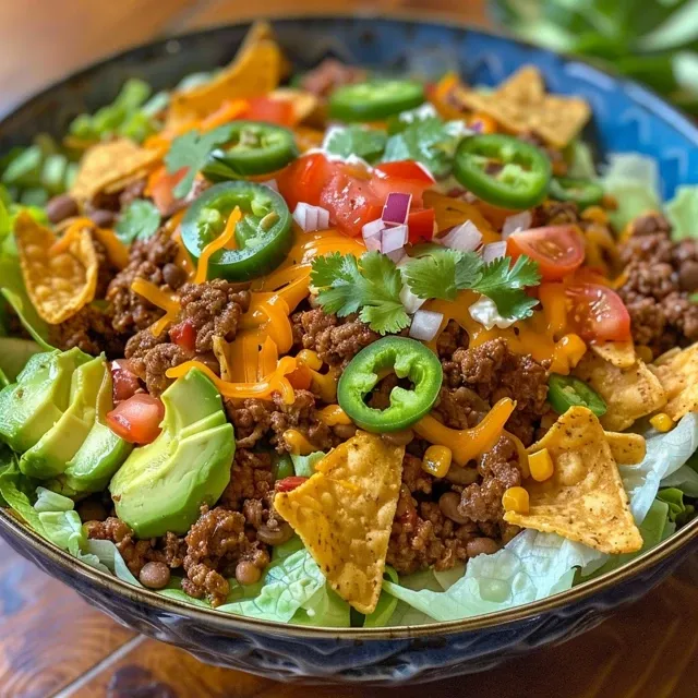 Juicy taco salad presented with lime wedges and cilantro on top.