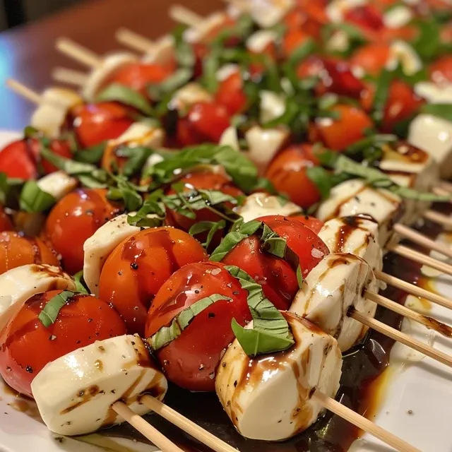 Appetizing display of Caprese skewers with cherry tomatoes, mozzarella balls, and fresh basil.