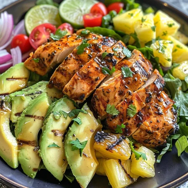 Freshly prepared Hawaiian chicken salad showcasing bright lettuce, avocado, and pineapple.