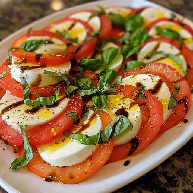 A side view of a Caprese salad, showcasing the bright red tomatoes, creamy mozzarella, and lush green basil.