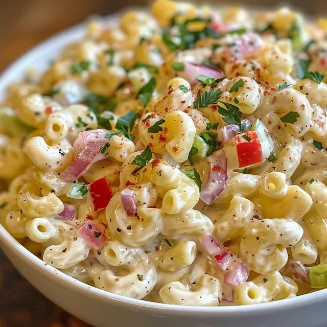 Brightly colored Guy Fieri-style macaroni salad filled with veggies.