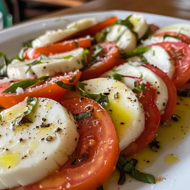 Fresh Insalata Caprese with layers of mozzarella, tomatoes, and basil.