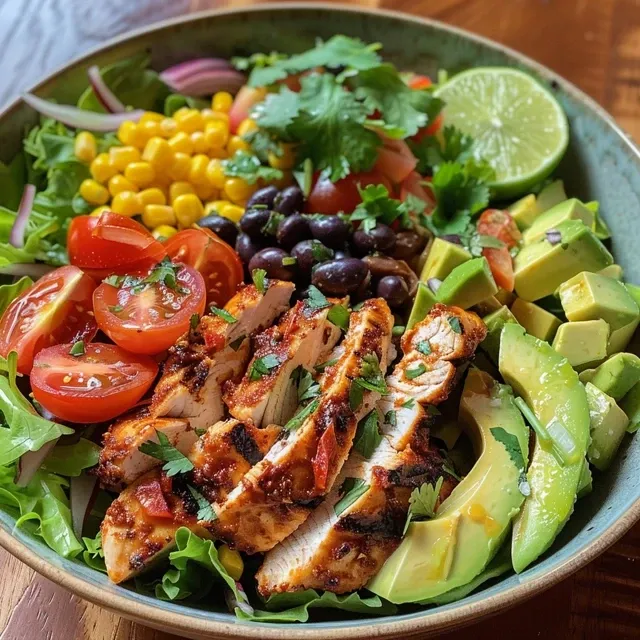Freshly prepared Spicy Southwest Salad highlighting ingredients like black beans, corn, and chicken.