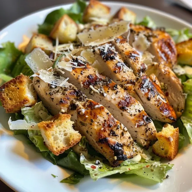 Side view of a colorful Grilled Chicken Caesar Salad with juicy grilled chicken and creamy dressing.