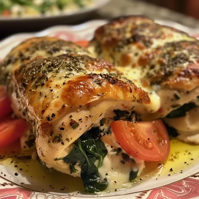 A juicy chicken breast with vibrant green spinach filling visible.