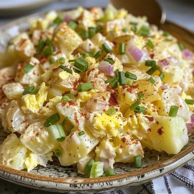 Detailed shot of Southern potato salad, emphasizing its rich texture and vibrant colors.