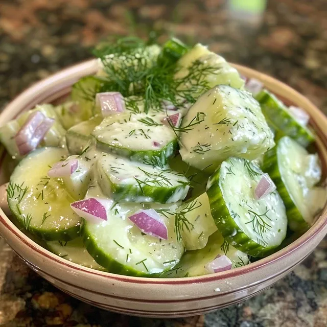 Fresh cucumber salad in a bowl, highlighting the creamy elements and garnishes.