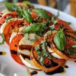 Detailed shot of Caprese salad with ripe tomato slices, creamy mozzarella, and drizzled olive oil.