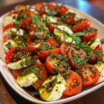 Juicy grape tomatoes and mozzarella balls blended with pesto sauce in a colorful salad.