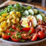 A side view of a delicious Salade niçoise showcasing its array of ingredients like hard-boiled eggs and anchovies.