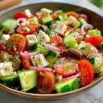 Side angle shot of a Greek salad with tomatoes, cucumbers, onions, olives, and feta cheese.