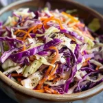 Detailed shot of a fresh coleslaw made with shredded cabbage, carrots, and a yogurt-based dressing.
