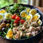 A colorful and fresh Tuna Nicoise Salad showcasing various ingredients including romaine lettuce and lemon dressing.