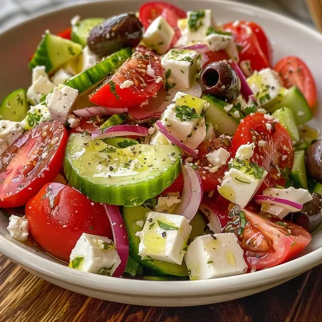 Delicious Greek salad with bright vegetables and crumbled feta, showcasing its fresh ingredients.