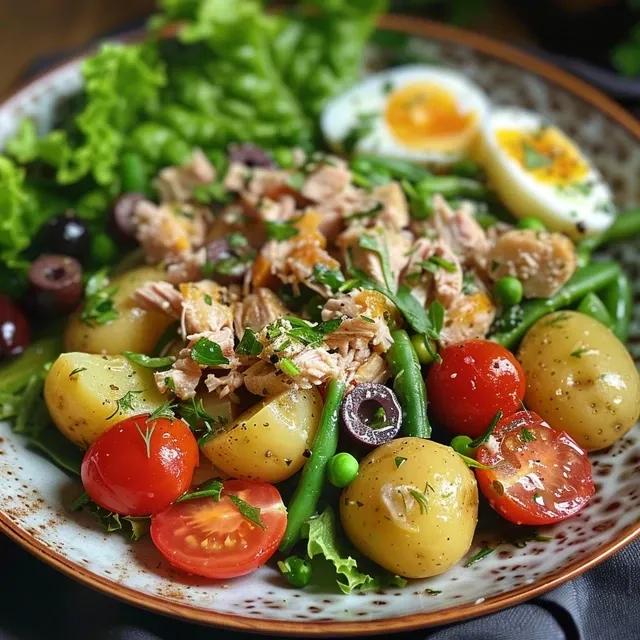 Tasty Light Canned Tuna Nicoise Salad showcasing a blend of greens, vegetables, and tuna.