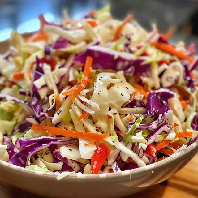 Tasty coleslaw in a bowl, showcasing a mix of green and red cabbage with a creamy dressing.