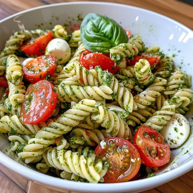 Detailed image of a pasta salad with cherry tomatoes, mozzarella balls, and a colorful basil garnish.