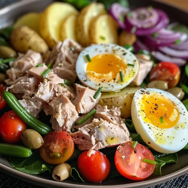 Close-up of a colorful Tuna Nicoise salad showcasing fresh ingredients.