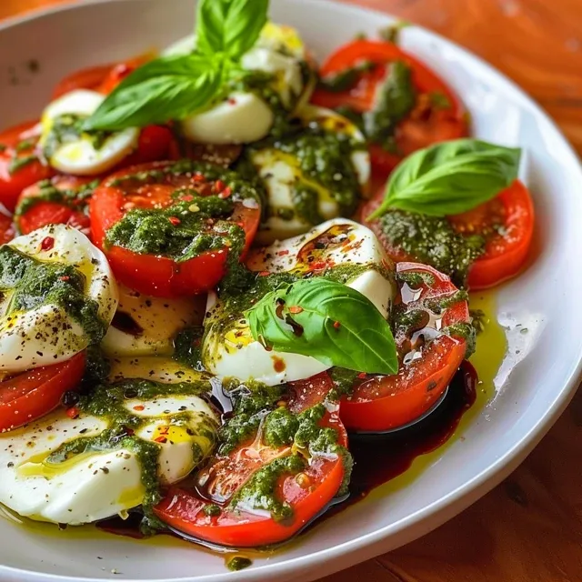 A fresh Caprese Salad featuring tomatoes, mozzarella, and pesto, enhanced with olive oil and basil.