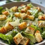 Detailed image of a Caesar salad showcasing chopped lettuce, grated cheese, and crunchy croutons.